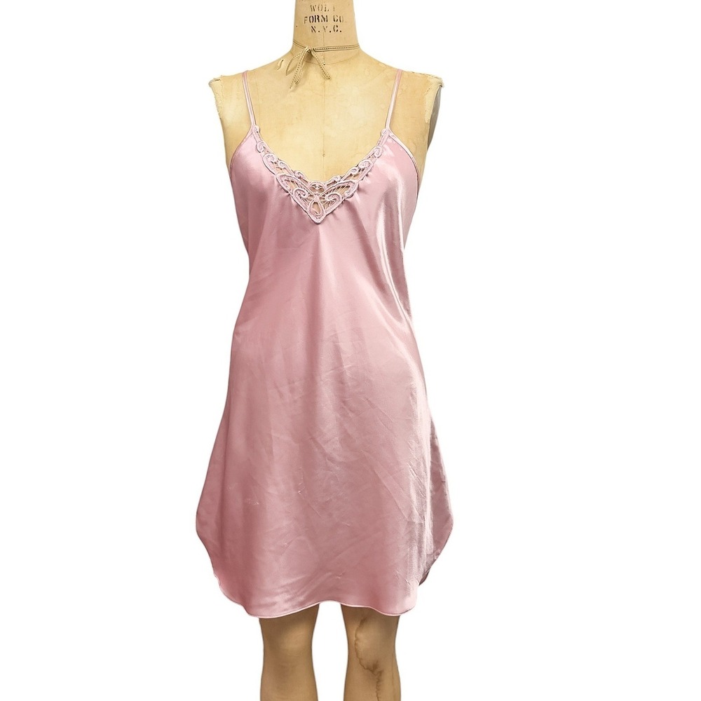 Vintage Intimate Affair Pink Satin Chemise Slip Dress Coquette Lace Trim Medium